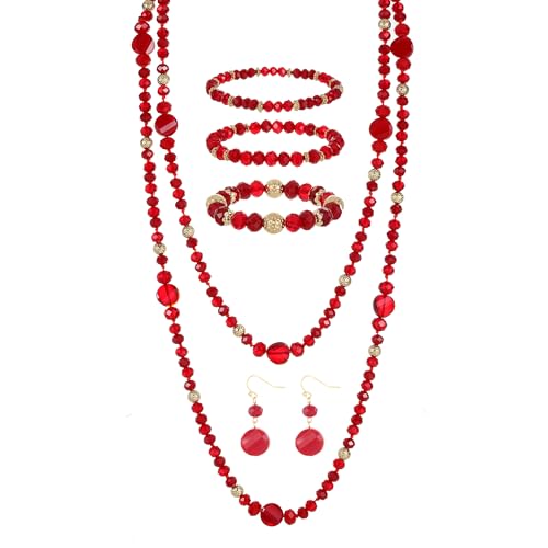 Trendy Infinity Wrap 60’’ Long Statement Necklace, Earrings and Bracelet Set - Hand Knotted Versatile Crystal and Shell Beads Strand Necklace and Chunky Beaded Stretch Bracelet Stack – Jewelry Set Gift for Women - color: Red/Round Earrings