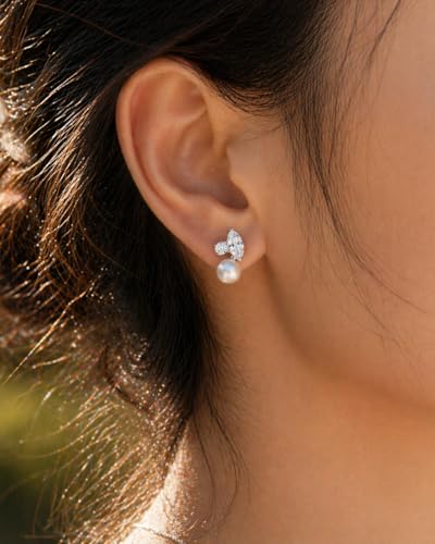 Pearl Earrings - 14k Gold or White Gold Plated Sparkle Cubic Zirconia Dainty Pearl Stud Earrings for Women Wedding Party Bridal - color: silver CZ pearl