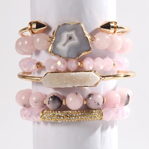 Yomisa 5PCS 6PCS Natural Boho Beaded Bracelets/Bangle for Women Men,Healing Turquoise Jasper Agate Crystal Gemstone Stone Chakra Multilayer Wrap Bohemian Handmade Jewelry Beads Stretch Bracelet Set - color: 6PCS-Pink