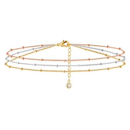 MEVECCO Dainty Chain Bracelets for Women, Layered and Charm Styles | 14K Gold Plated Brass, Select Cubic Zirconia Accents, Single and Multi-Row Structures for Refined Everyday Wristwear - style: Satellite Chain 3 Tone