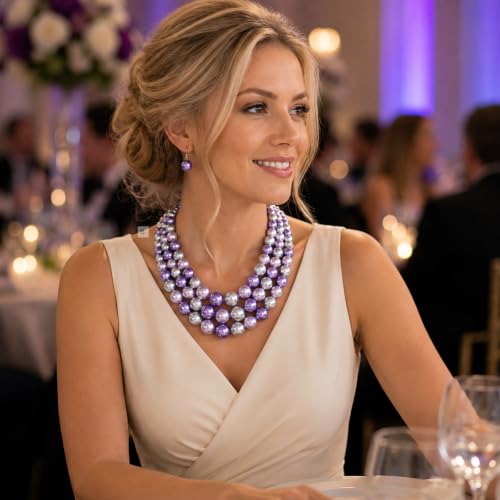Simulated Pearl Necklace & Earring Set, Multi Strand - color: Lavender Mix