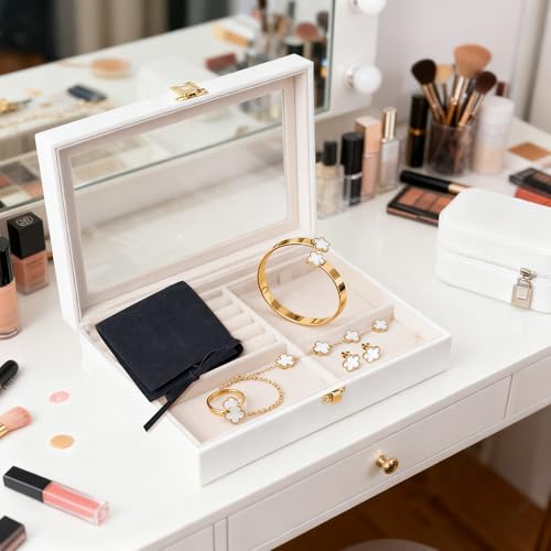 Lucky Flower Alloy Jewelry, Lucky Flower Design Necklace Earrings Bracelet Bangle Ring Jewelry Set, Clover Gold Plated Chain Wrap Ornament & Plush Pouch for Women - color: White