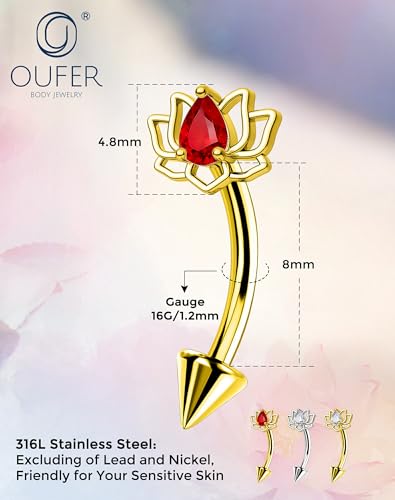 OUFER 16G Rook Piercing Jewelry, Lotus Eyebrow Earrings, 316L Surgical Steel Rook Earrings, Curved Barbell Lip Rings, Helix Cartilage Piercing Jewelry for Women - color: Gold, Red CZ