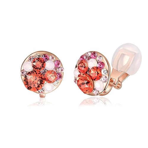 EVEVIC Multicolor Austrian Crystal Round Clip On Earrings for Women | 14K Gold Plated,Silicone Comfort Pad,Playful Colorful Crystal,Gift Box Included,Perfect for Daily Wear and Special Events - color: Pink Red Crystals/Rose Gold-tone