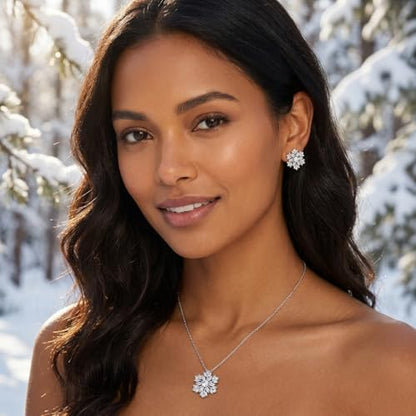 Gold Silver Stud Earrings Pendent Necklace Sets for Women, Dainty Rhinestone Crystal Necklace Earing Jewelry Set Wedding Accessories Fashion Holiday Gift - color: snowflakesilver