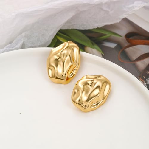REELMAR Chunky Geometric Clip On Earrings for Women Trendy Gold-Plated Thick Hammered Rectangle Dupes Earrings Minimalist Statement Earrings No Piercing Clips - color: Irregular-Gold