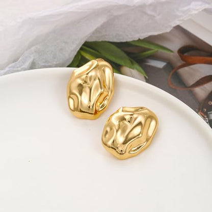REELMAR Chunky Geometric Clip On Earrings for Women Trendy Gold-Plated Thick Hammered Rectangle Dupes Earrings Minimalist Statement Earrings No Piercing Clips - color: Irregular-Gold