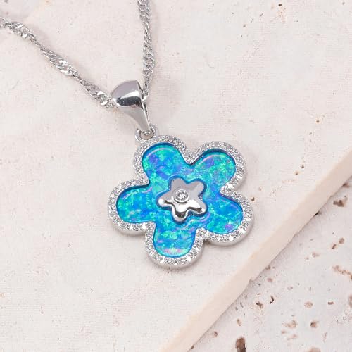 CiNily Opal Leaf/Flower Pendant Necklace for Women Silver Plated Jewelry Gift - color: Silver-Blue