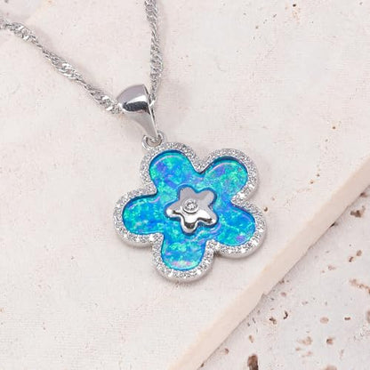 CiNily Opal Leaf/Flower Pendant Necklace for Women Silver Plated Jewelry Gift - color: Silver-Blue