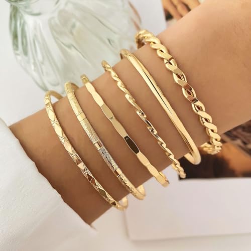 IFKM Gold Bangle Bracelets For Women, 14k Gold Plated Multi Layer Stackable Cuff Bracelet Set, Trendy Elegance Charms Non Tarnish Minimalist Textured Boho Jewelry Gift for Women - style: 6pcs Rhombus smooth intersect