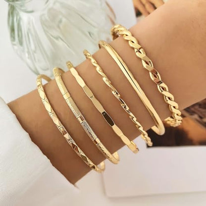 IFKM Gold Bangle Bracelets For Women, 14k Gold Plated Multi Layer Stackable Cuff Bracelet Set, Trendy Elegance Charms Non Tarnish Minimalist Textured Boho Jewelry Gift for Women - style: 6pcs Rhombus smooth intersect