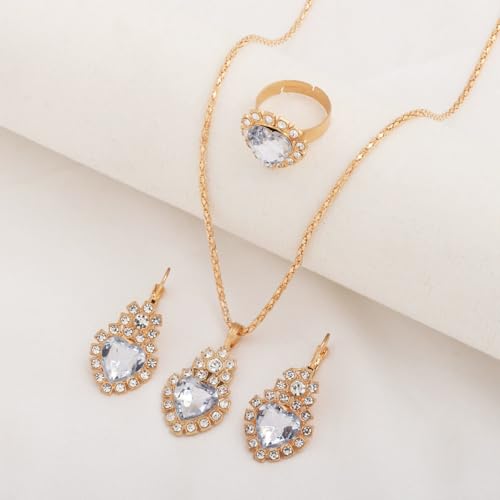 Teardrop/Heart Crystal Jewelry Set for Women, Gold Tone Rhinestone Necklace Earrings Ring Set, Wedding Bridal Prom Party Jewelry Gift - color: White (Heart