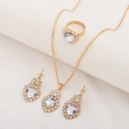 Teardrop/Heart Crystal Jewelry Set for Women, Gold Tone Rhinestone Necklace Earrings Ring Set, Wedding Bridal Prom Party Jewelry Gift - color: White (Heart