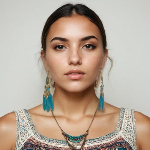 Boho Feather Dangle Earrings – Handcrafted with Turquoise Beads, Silver Accents & Blue Feathers – Gift Set for Women, Mom, Wife in Premium Gift Box