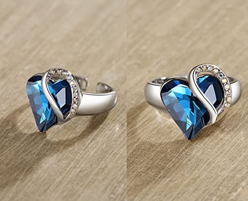 Leafael Infinity Love Women's Adjustable Crystal Heart Ring with Birthstone Crystals Healing Stones, Jewelry Gifts for Women, Birthdays Valentine's Day, Silver-Tone, Open End, Size 6.5-8 - color: 10a-September-Imagination-Bermuda Blue