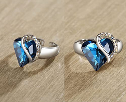 Leafael Infinity Love Women's Adjustable Crystal Heart Ring with Birthstone Crystals Healing Stones, Jewelry Gifts for Women, Birthdays Valentine's Day, Silver-Tone, Open End, Size 6.5-8 - color: 10a-September-Imagination-Bermuda Blue