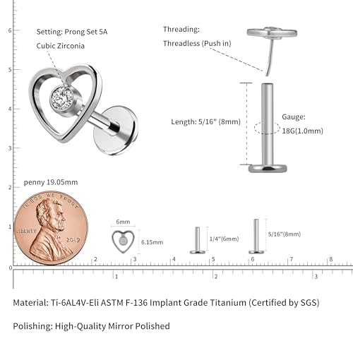 1PC ASTM F136 Titanium Mini Threadless Flat Back Stud 18G 6mm 8mm for Conch Helix Flat Tragus Labret - color: hollow heart - Tit