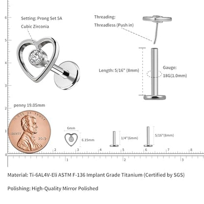 1PC ASTM F136 Titanium Mini Threadless Flat Back Stud 18G 6mm 8mm for Conch Helix Flat Tragus Labret - color: hollow heart - Tit