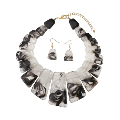 DATOA Chunky Resin Geometric Necklace Earrings Set for Women Boho Modern Statement Necklace Jewelry Accessories - color: Black and White
