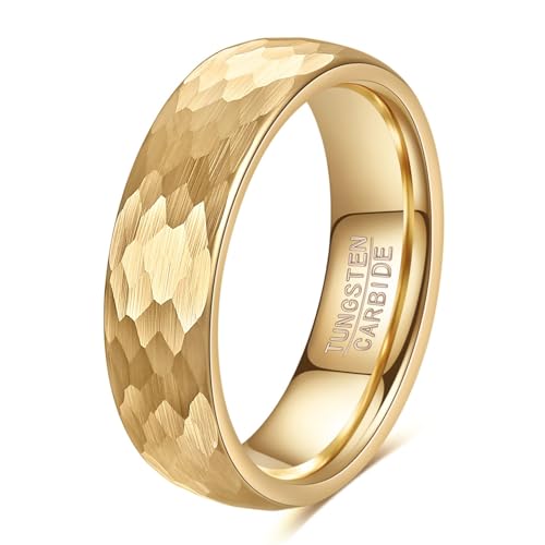 VQYSKO Hammered Tungsten Carbide Wedding Band Ring for Men Women - color: Gold 6mm