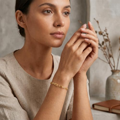 Gold Bracelet for Women, 18K Gold Plated 925 Sterling Silver Paperclip Chain Bracelet, 5MM Width, Gift for Women 6-7.5 Inches - color: 7 IN