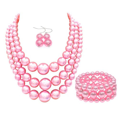 Big Chunky Pearl Necklace and Earrings Set Large Costume 1920s Faux Pearls Gatsby Accessories - color: A-Pink