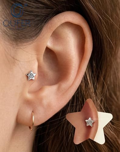 OUFER 16G Spiral Star Internally Threaded Flat Back Helix Stud 316L Surgical Stainless Steel 6mm Cartilage Tragus Nose Conch Daith Medusa Labret Piercing Jewelry for Women Men