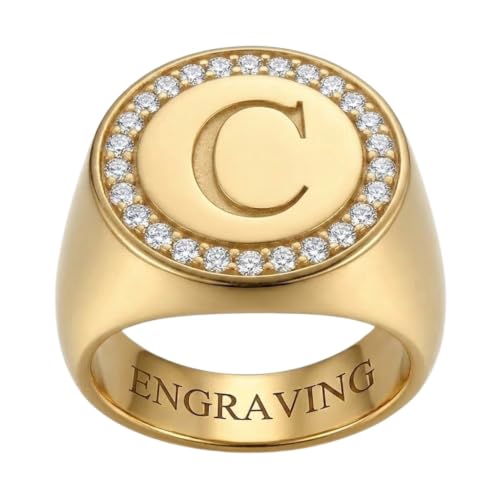 LONAGO Personalized Initial Signet Ring for Women 10K/14K/18K Gold Engraving Ring with Lab Grown Diamond Custom Letter Statement Jewelry Gift for Birthday Anniversary Wedding