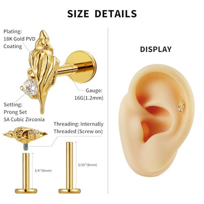 FINE4U 1PC 16G ASTM F136 Titanium Octopuses Piercings Jewelry with 6mm 8mm Post for Conch Helix Flat Labret 16G 6mm 8mm - color: Conch Shell - Gold