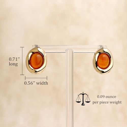Jean Beau Chunky Gold Stone Stud Earrings for Women, Trendy Natural Gemstone Hypoallergenic Earing Valentine Jewelry Gift - color: Amber Orange