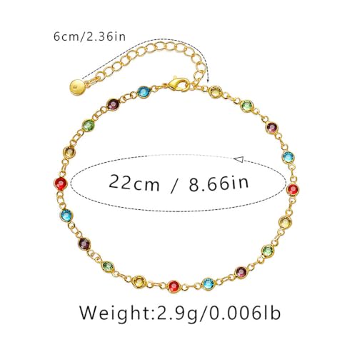 Ankle Bracelets for Women 18K Gold Plated Anklet for Women Gold Charm Anklet Waterproof Summer Beach Foot Chain Jewelry Gifts - style: round colorful cubic zirconia