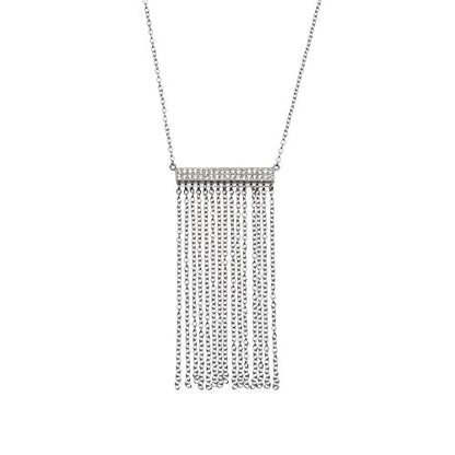 Horizontal Bar Necklace for Women, Sterling Silver or 14K Gold Plated Silver, Minimalist, CZ Diamond, Dainty Bar Pendant - Unique Jewelry Gift - style: Chain Fringe - Silver