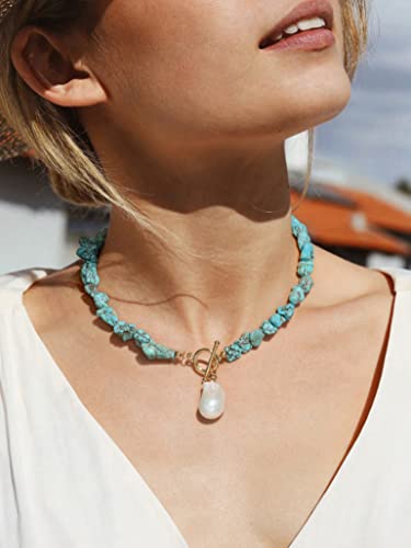 18k Gold Plated Chain Link Necklace for Women, Baroque Pearl/Compass Pendant Necklace - color: Turquoise Baroque