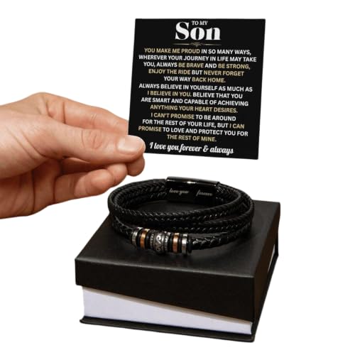 To My Son Bracelet FromMom and Dad with Heartfelt Message Card, Meaningful Love You Forever Braided Vegan Leather Mens Bracelet | Birthday, Valentines, Graduation Gifts From Parents, Leather Bracelet
