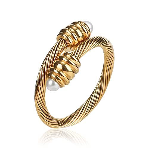 Cable Ring, a Cuff Pearl Ring Designed to Fit Finger Circumference Between 70mm-90mm - color: gold