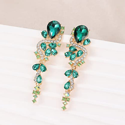 Fashion Rhinestone Statement Drop Dangle Earrings Long Colorful Crystal Bridal Wedding Teardrop Chandelier Earrings for Women Prom Pageant - color: Green