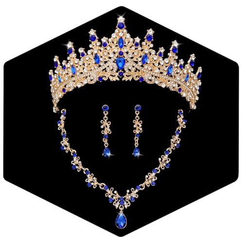 Crystal Crown Jewelry Set for Women Bride Queen Tiara Earrings and Necklace | Metal Royal Crown Costume Jewelry Set Wedding Prom Quinceanera Party Pageant Halloween Retirement Christmas Birthday Gift - color: Blue