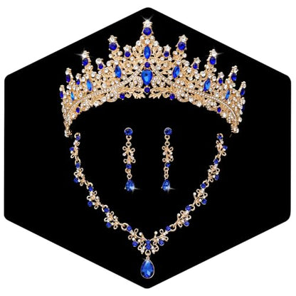 Crystal Crown Jewelry Set for Women Bride Queen Tiara Earrings and Necklace | Metal Royal Crown Costume Jewelry Set Wedding Prom Quinceanera Party Pageant Halloween Retirement Christmas Birthday Gift - color: Blue