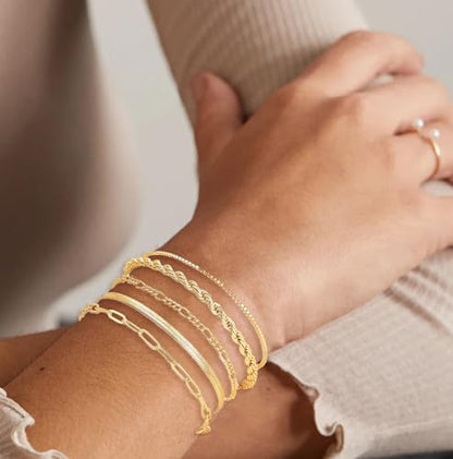 Women's 14K Gold Plated Bracelet Set, Thin Dainty Stackable Chain for Layering, Cuban Link & Paperclip Style Fashion Jewelry, Elegant Gift for Her