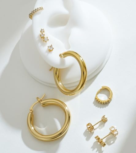 wowshow Gold Hoop Earrings for Women Chunky Hoops 14K Gold Plated Thick Hollow Tube Lightweight Earrings for Mother Birthday Gifts 20/25/30/40/50MM - color: Gold-30mm+8mm+stud
