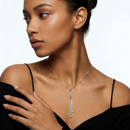 Lariat Gold Necklace for Women, Dainty Long Necklace Gold/Silver Plated Y-Shaped Pendant Necklace, Trendy Drop Necklaces Simple Gold Jewelry Gifts For Women - style: Triangle-Silver