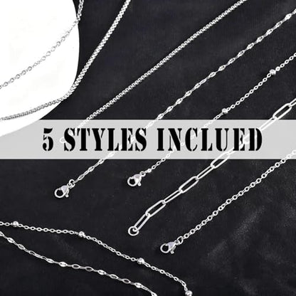 20Pcs (5 Styles) Stainless Steel Chains for Jewelry Making (Silver 21in) | Bulk Silver & Gold Plated Chains, Satellite, Paper Clip, Lip, Rolo, Cable, Jewelry Making - color: Silver (21 inch)
