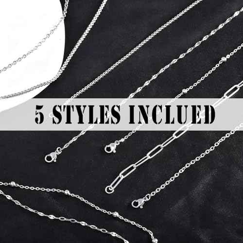 20Pcs (5 Styles) Stainless Steel Chains for Jewelry Making (Silver 23in) | Bulk Silver & Gold Plated Chains, Satellite, Paper Clip, Lip, Rolo, Cable, Jewelry Making - color: Silver (23 inch)