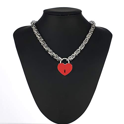 Heart Padlock Collar Stainless Steel Lock Necklace Byzantine Chain Necklace Locking Collar Choker for Men Women Jewelry - style: F