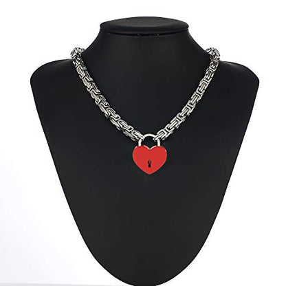 Heart Padlock Collar Stainless Steel Lock Necklace Byzantine Chain Necklace Locking Collar Choker for Men Women Jewelry - style: F
