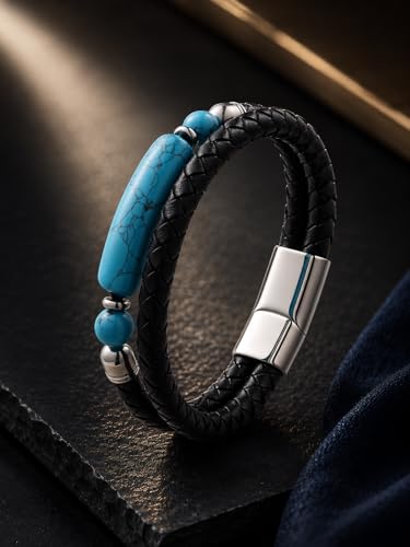 Mens Black Leather Obsidian/Turquoise/Tiger Eye/Red Agate Bracelet–Braided Multi‑Layer Wristband Cuff Bangle Bracelet with Stainless Steel Clasp Gift Jewelry Box Included - color: Style 3: Turquoise, size: 8.3in(Fits most wrists)