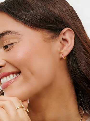 Chunky Emerald Sapphire Ruby Hoop Earrings, Princess or Round Cut, 14k Yellow Gold Plated Sterling Silver Cubic Zirconia Huggie Earings Minimalist Hoops Earrings for Women Wedding Daily Birthday - style: Princess cut -Ruby -Silver