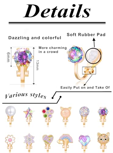 Tornito 10-15 Pairs Clip on Stud Earrings Non Pierced Teardrop Round Square CZ Pearl Twist Knot Flower Butterfly Heart Star Rainbow Cat Opal Clip on Earrings for Women - color: D: 15 Pairs Gold Tone