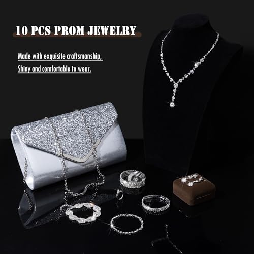 MEDOJO 10Pcs Silvery Rhinestone Jewelry Set for Women Bride Wedding Prom Jewelry Evening Rhinestone Sparkly Clutch Purse Bag Necklace Tennise Layered Bracelets CZ Ring Crystal Drop Earring Set Silvery Shiny Costume Kit - color: Silvery