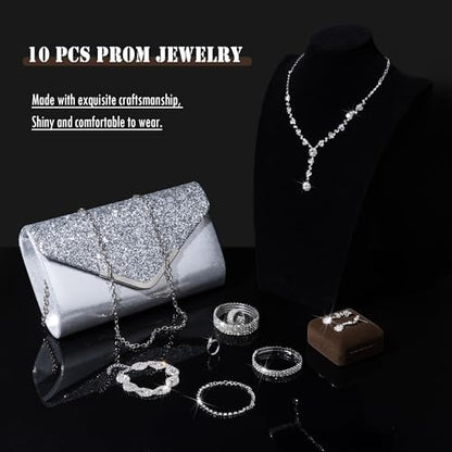 MEDOJO 10Pcs Silvery Rhinestone Jewelry Set for Women Bride Wedding Prom Jewelry Evening Rhinestone Sparkly Clutch Purse Bag Necklace Tennise Layered Bracelets CZ Ring Crystal Drop Earring Set Silvery Shiny Costume Kit - color: Silvery